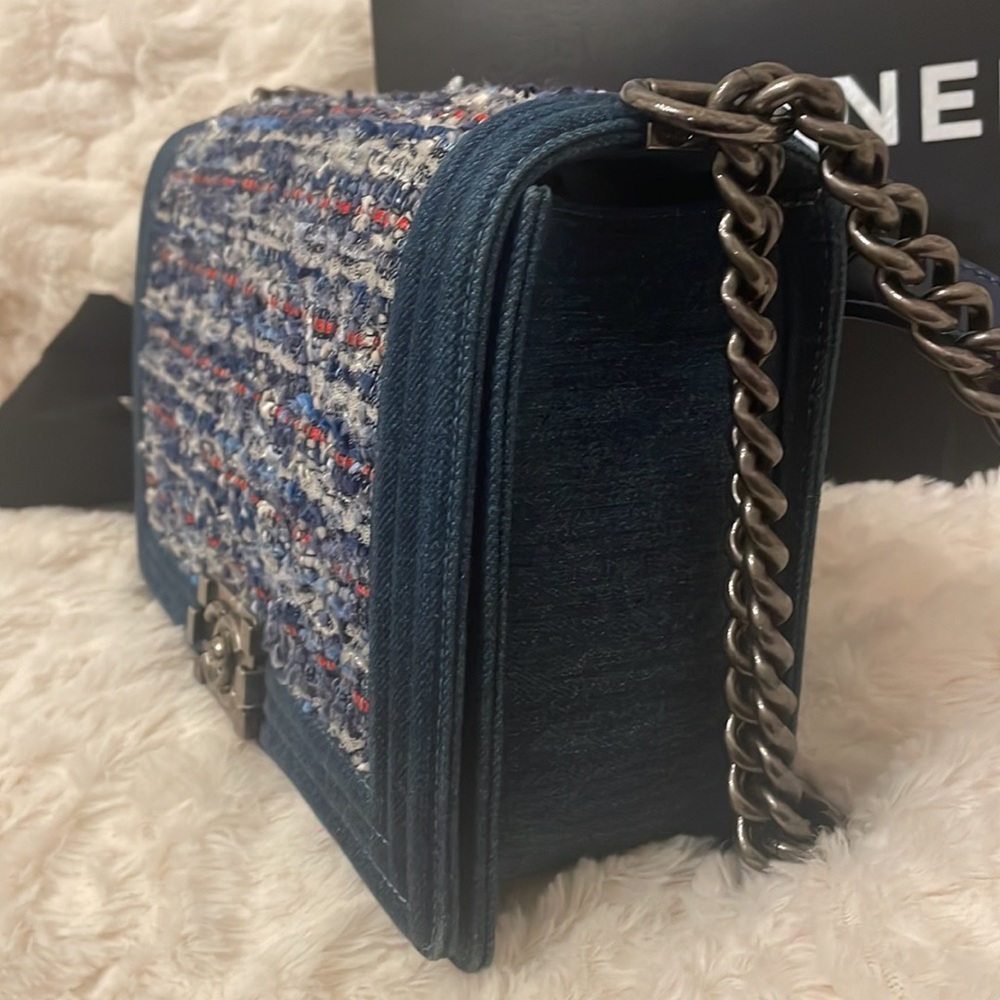Chanel Quilted Tweed Denim Le Boy Medium Flap Bag Gem